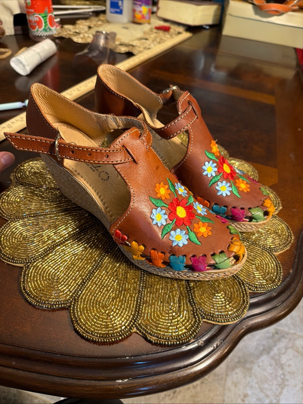 Brown Floral Embroidered Leather Wedge Sandals for Women